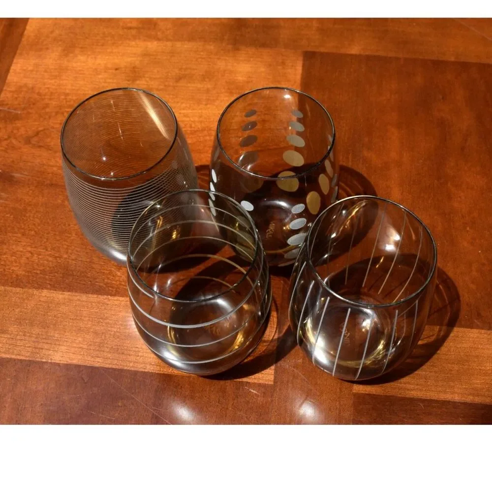 Set of 4 Mikasa Cheers Amber Etched Stemless Wine Glasses 17oz Dots Swirl Lines
